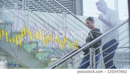 Image of data processing over caucasian male and female colleague talking on stairs at office 120347662
