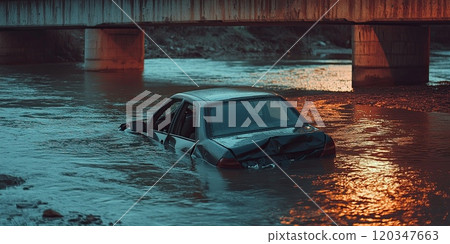 The car bumper under the water, only trunk is seen . car sinking in the river near the bridge 120347663