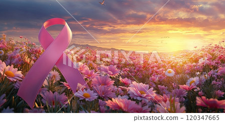 Pink ribbon in field of flowers at sunrise symbolizing breast cancer support and hope, illustration 120347665