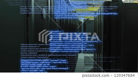 Image of digital data processing and circuit board over computer servers 120347684