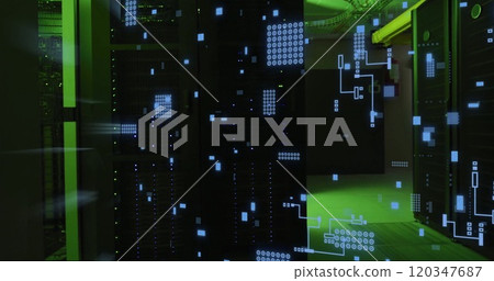 Image of digital data processing and circuit board over computer servers 120347687