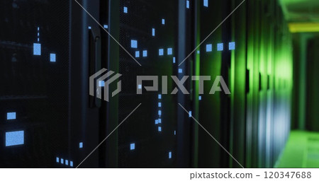 Image of digital data processing and circuit board over computer servers Image of digital data processing and circuit board over computer servers 120347688