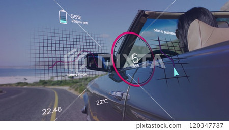 Image of car speedometer over biracial woman sitting in car Image of car speedometer over biracial woman sitting in car 120347787