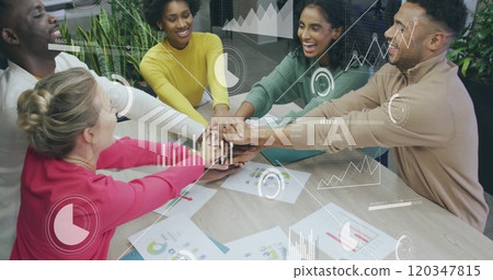 Image of data processing over diverse male and female colleagues hand stacking at casual meeting Image of data processing over diverse male and female colleagues hand stacking at casual meeting 120347815