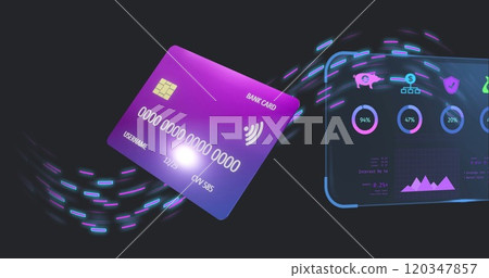 Image of screen with data and credit card over black background Image of screen with data and credit card over black background 120347857