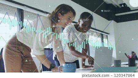 Image of financial data processing over diverse business people in office Image of financial data processing over diverse business people in office 120347864