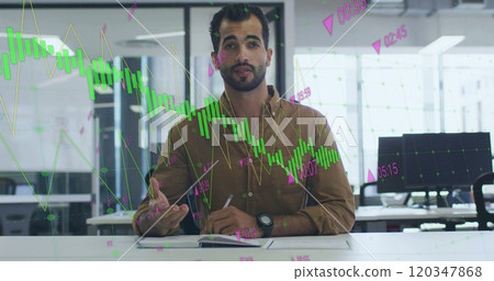 Image of financial data processing over middle eastern businessman in office Image of financial data processing over middle eastern businessman in office 120347868
