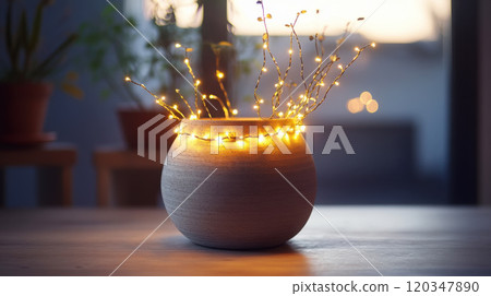 Warm ambiance with led fairy lights wrapped around ceramic pot for cozy decor 120347890