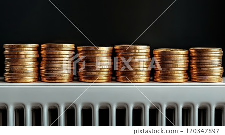 Household energy bills concept. Heating radiator with stacks of gold coins, with copy space 120347897