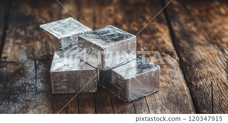 Metallic lithium blocks symbolize raw material for batteries, highlighting its market value 120347915