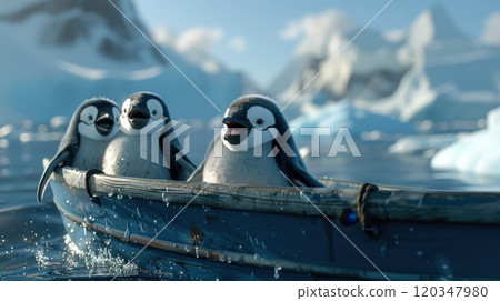 Three happy penguins on a boat sailing across Antarctica 120347980