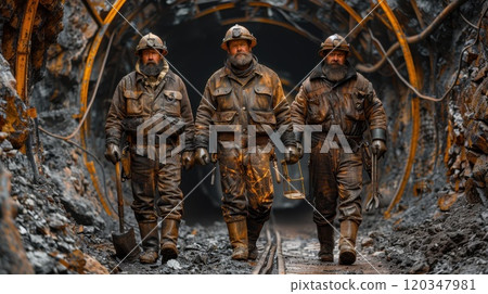 A group of three miners are walking through a tunnel in the mine. Dirty miners in uniform in the mine 120347981