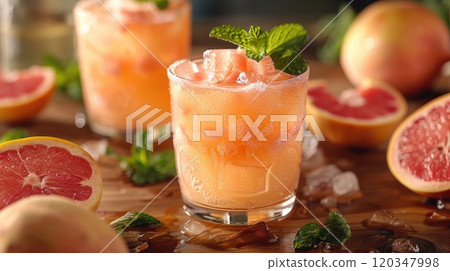 freshly squeezed orange juice in a glass on the table with citrus fruits freshly squeezed orange juice in a glass on the table with citrus fruits 120347998