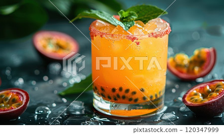 freshly squeezed orange juice in a glass on the table with citrus fruits 120347999