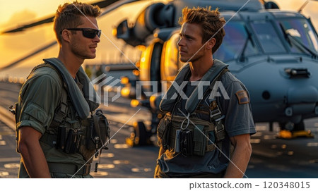 Two pilots are discussing a flight plan against the background of a helicopter. The helicopter is on the aircraft carrier 120348015