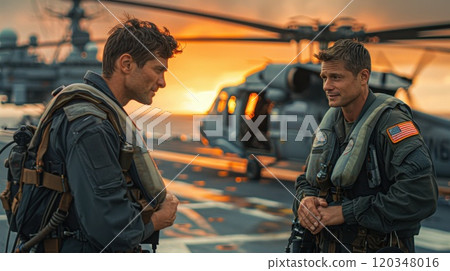 Two pilots are discussing a flight plan against the background of a helicopter. The helicopter is on the aircraft carrier 120348016