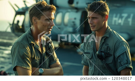 Two pilots are discussing a flight plan against the background of a helicopter. The helicopter is on the aircraft carrier 120348017