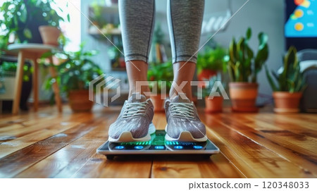 A close-up of a girl's legs in sneakers measuring her weight with a scale on the floor 120348033