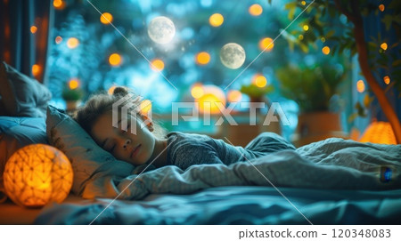A girl sleeping in a warm bed at home. Sweet sleep in a warm bed A girl sleeping in a warm bed at home. Sweet sleep in a warm bed 120348083