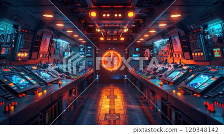 Control center on a warship. Situation in the control room. Submarine control room 120348142