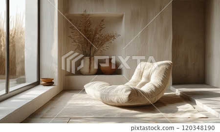 The bright living room is decorated in pastel colors. Stylish living room with large window 120348190