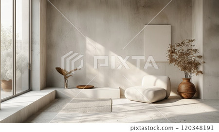 The bright living room is decorated in pastel colors. Stylish living room with large window 120348191