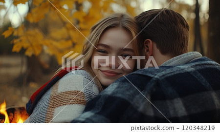Happy couple communicating during autumn weather day in nature Generative AI 120348219