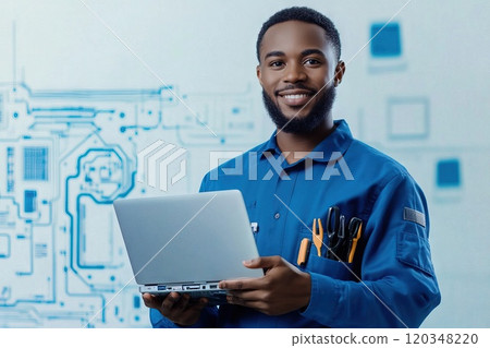 Portrait Engineer checking laptop services technician holding a laptop and tools Generative AI 120348220