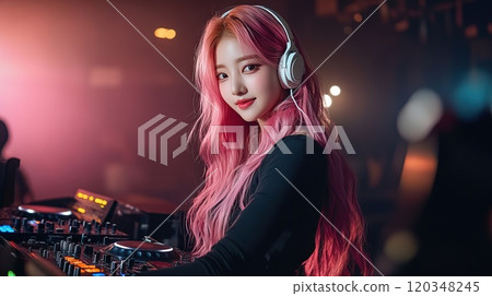 Cool female asian dj is working in a nightclub, standing at turntables Cool female asian dj is working in a nightclub, standing at turntables 120348245