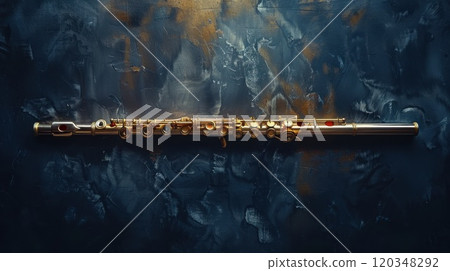 A modern flute with playing holes on a black background. Musical instrument flute A modern flute with playing holes on a black background. Musical instrument flute 120348292