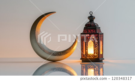 Crescent moon and lantern - elegant eid decor design for prints 120348317