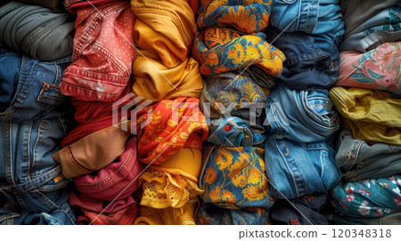 The background is made of multicolored fabrics. Samples of fabric textiles of various colors, background. Catalog and samples of interior fabrics for furniture 120348318