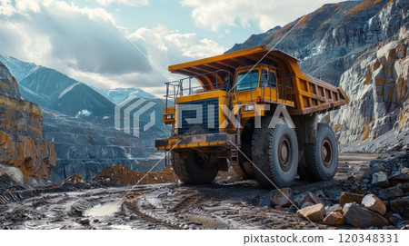 A large yellow mining dump truck. Transportation of rock in a dump truck from a quarry . Mining. Mining equipment designed for transporting goods from a quarry 120348331
