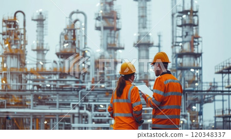 Two male engineers in uniform discuss issues on the refining and maintenance system at the refinery Two male engineers in uniform discuss issues on the refining and maintenance system at the refinery 120348337