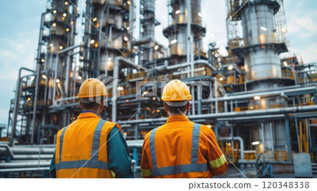 Two male engineers in uniform discuss issues on the refining and maintenance system at the refinery Two male engineers in uniform discuss issues on the refining and maintenance system at the refinery 120348338