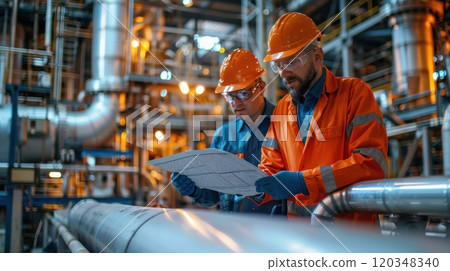 Two male engineers in uniform discuss issues on the refining and maintenance system at the refinery 120348340