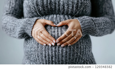 Close-up of pregnant woman's hands forming a heart on belly - maternity love Close-up of pregnant woman's hands forming a heart on belly - maternity love 120348382