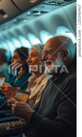 Passenger experience: diverse travelers enjoying in-flight comfort 120348407