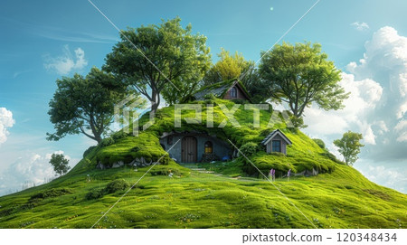 A miniature wooden house in the grass, moss on a sunny day. Eco-house. The concept of green and environmentally friendly housing A miniature wooden house in the grass, moss on a sunny day. Eco-house. The concept of green and environmentally friendly housing 120348434