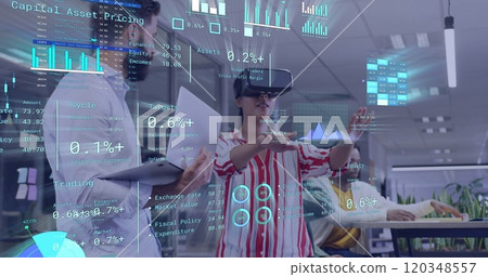 Image of diagrams and data processing over diverse colleagues using vr headset in office 120348557