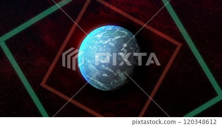 Image of colourful shapes over planet on sky with stars 120348612