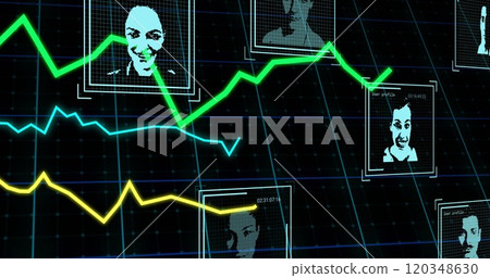Image of financial data processing and biometric photos over black background 120348630
