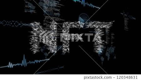 Image of financial data processing and nft text over black background 120348631