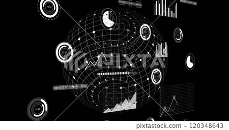 Image of financial data processing and globe over black background 120348643