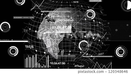 Image of financial data processing and globe over black background Image of financial data processing and globe over black background 120348646