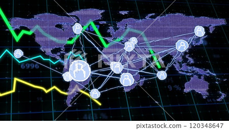 Image of financial data processing, connections and world map over black background 120348647