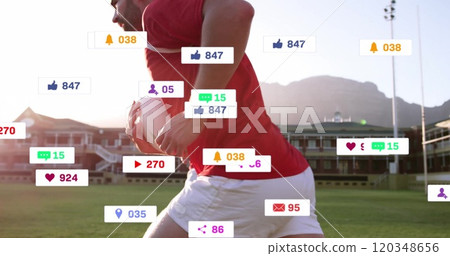Image of icons and data processing over diverse rugby players Image of icons and data processing over diverse rugby players 120348656