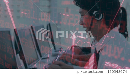 Image of financial data processing over asian businessman using phone headset and computer 120348674