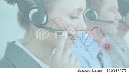 Image of financial data processing over diverse colleagues using phone headsets and computers Image of financial data processing over diverse colleagues using phone headsets and computers 120348675
