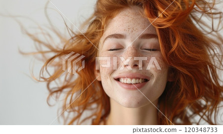 Close-up of the face of a smiling red-haired girl with curly hair on a white background Close-up of the face of a smiling red-haired girl with curly hair on a white background 120348733